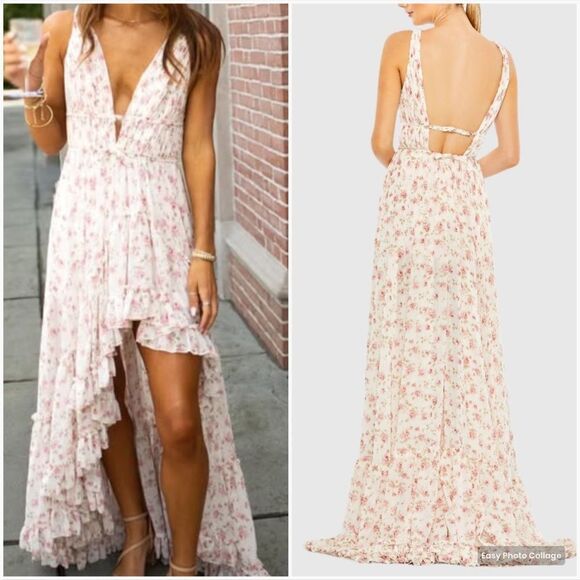 MAC DUGGAL  White Multicolor Floral Print Sleeveless Ruffled High-Low Gown - Picture 1 of 13